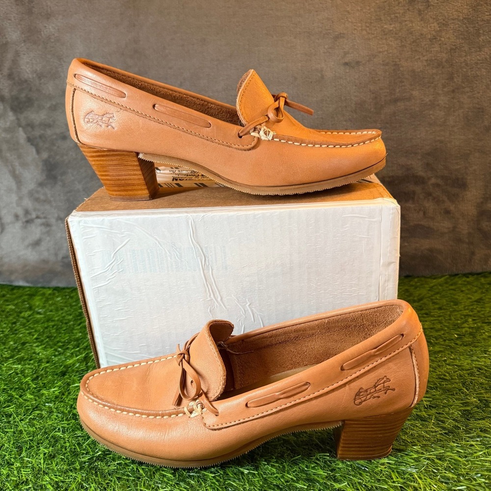 Women’s Tan Leather Mid-Heel Loafers with Knot Accent